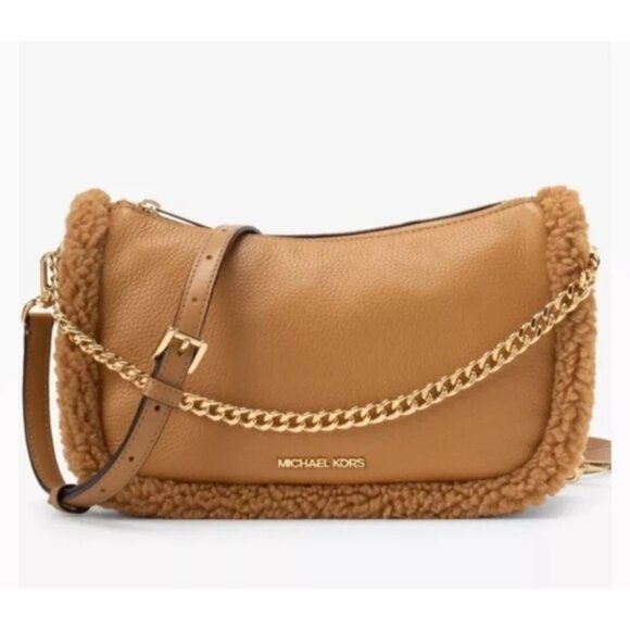Michael Kors Carmela Pochette Cross Body Bag Leather Shearling Faux Fur Trim - Picture 1 of 4